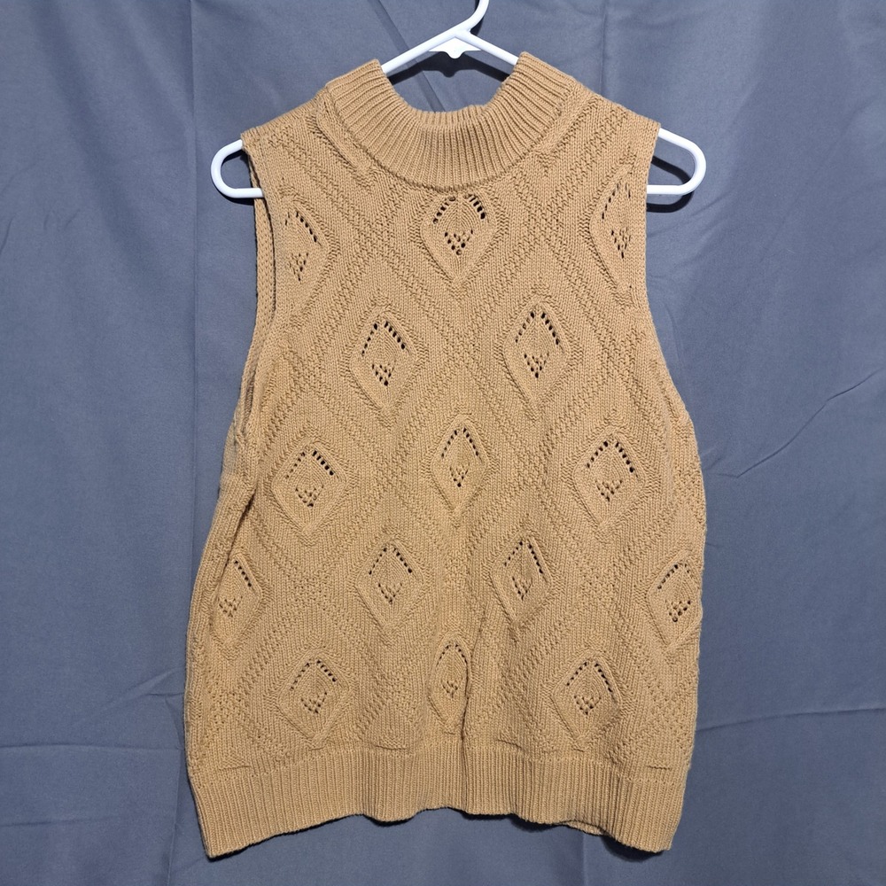 Jaclyn Smith Womens Camel Tan Diamond Pointelle Knit Mock Neck Sweater Vest‎ L